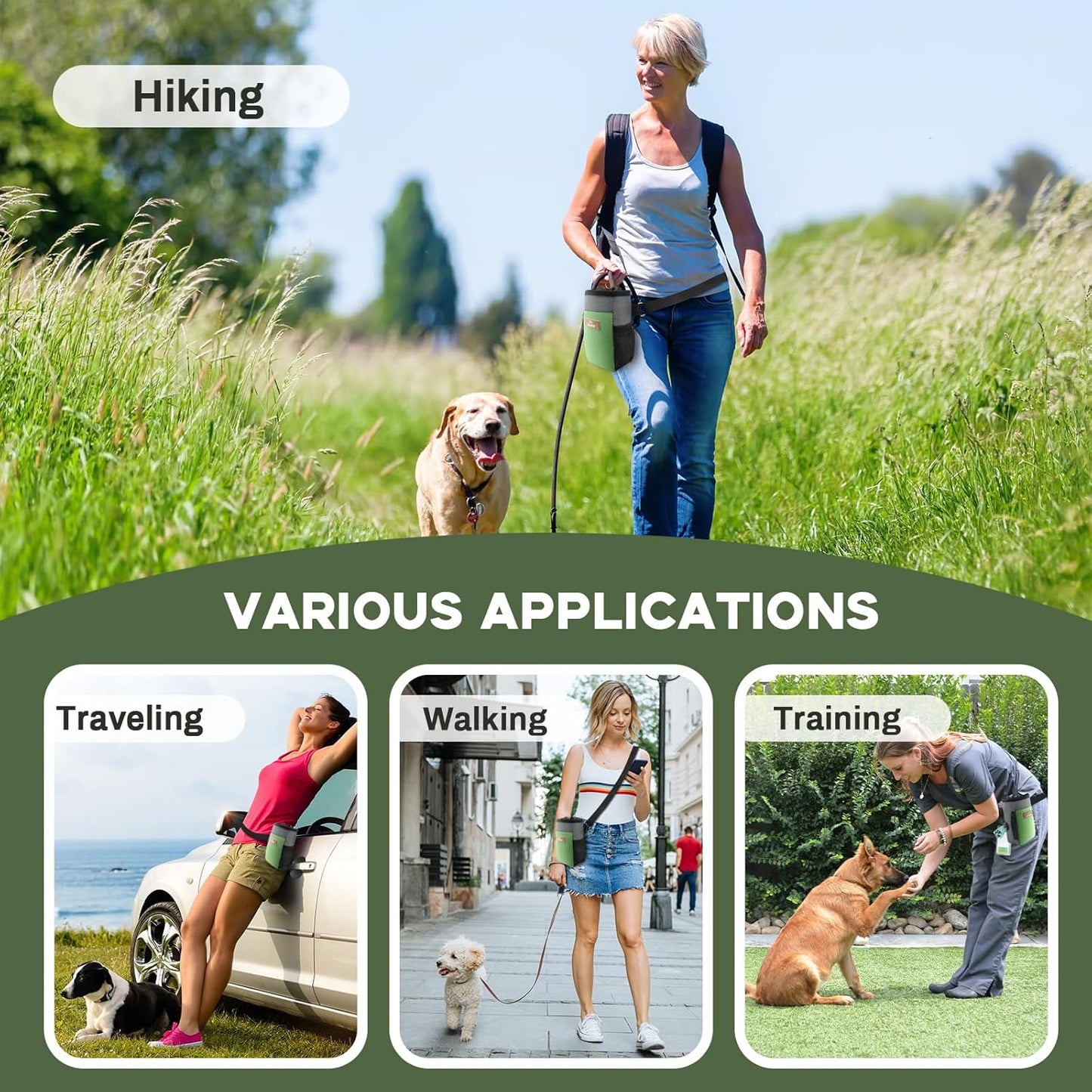 Upgraded Large-Sized Dog Treat Pouch with Waist Clip - Fashionable Green&Grey Design - Large Capacity Treat Bag for Dog Walks,Outdoor Activities, Travel and Training - Includes 1 Poop Bags