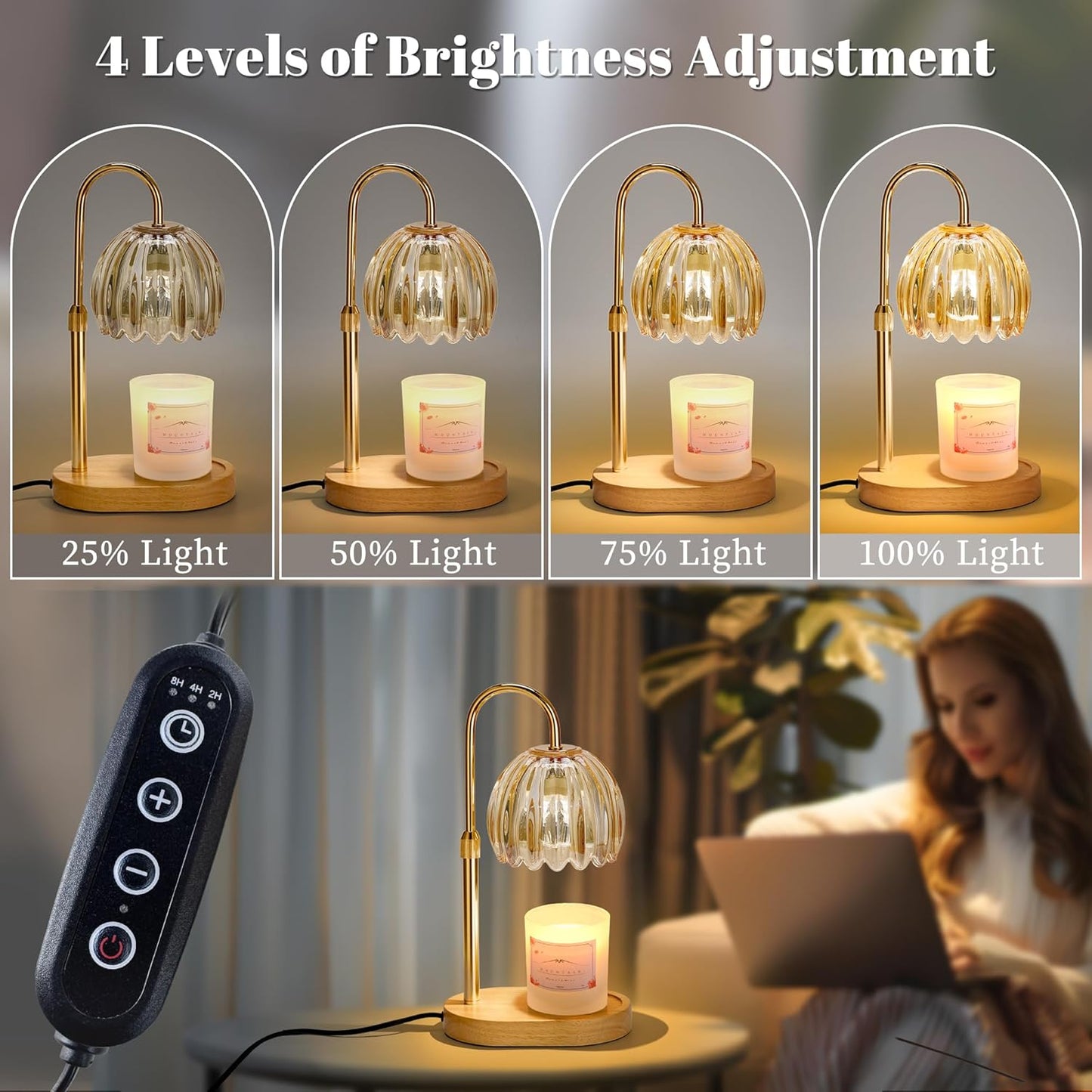 Heymirro Candle Warmer Lamp with Timer Dimmer Adjustable Height, Wax Warmer Lamp for Jar Candles with 2 Bulbs, for Home Decor, Mother's Day, Birthday Gifts for Women