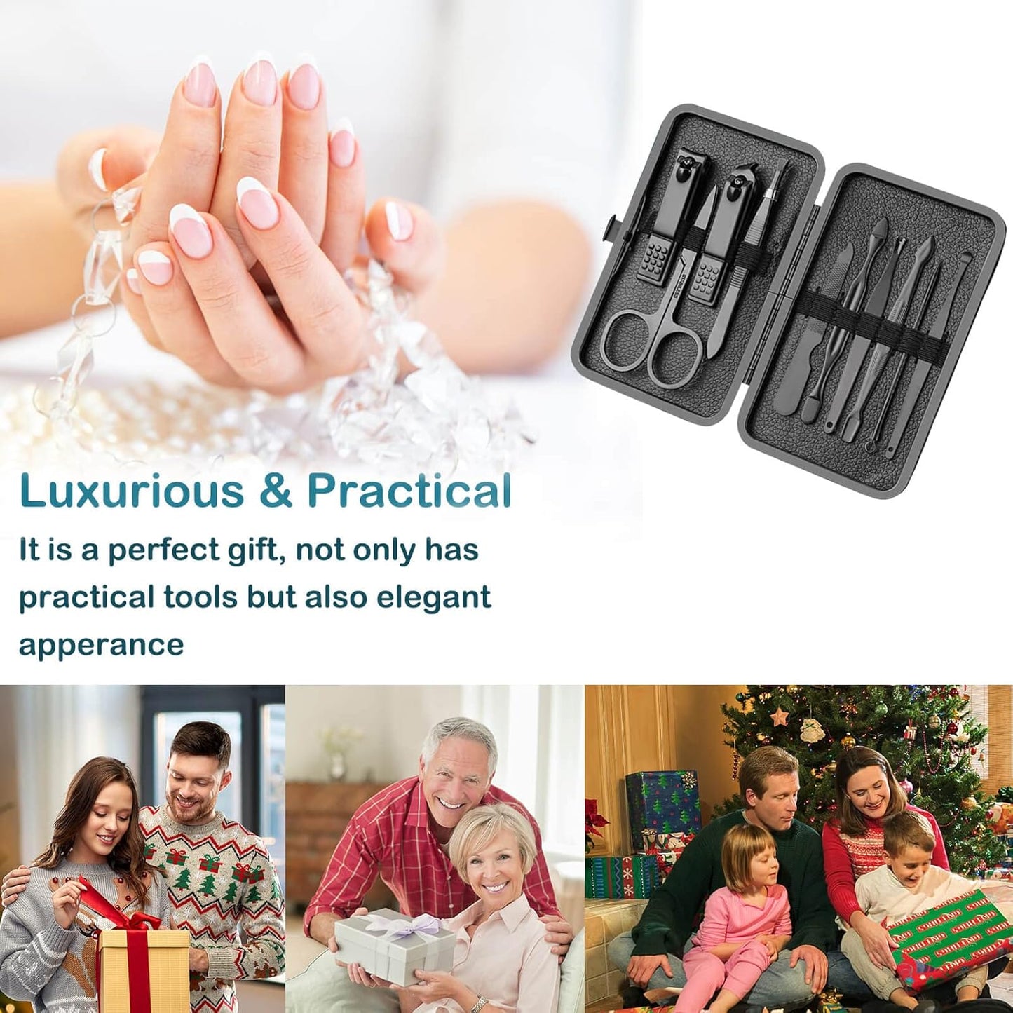 Manicure Set Nail Clippers Pedicure Kit -7PCS Stainless Steel Manicure Kit, Professional Grooming Kits, Nail Care Tools with Luxurious Travel Leather Case Gift Box (7, Black)