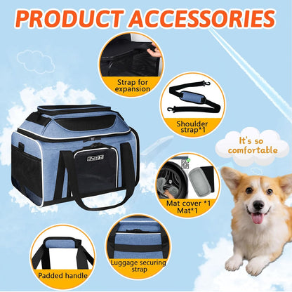 Petskd Top and Side Expandable Pet Carrier 17x12x8.5 Inches JetBlue Frontier Spirit Airline Approved, Soft-Sided Carrier for Small Cats and Dogs with Locking Safety Zipper and Anti-Scratch Mesh(Black)