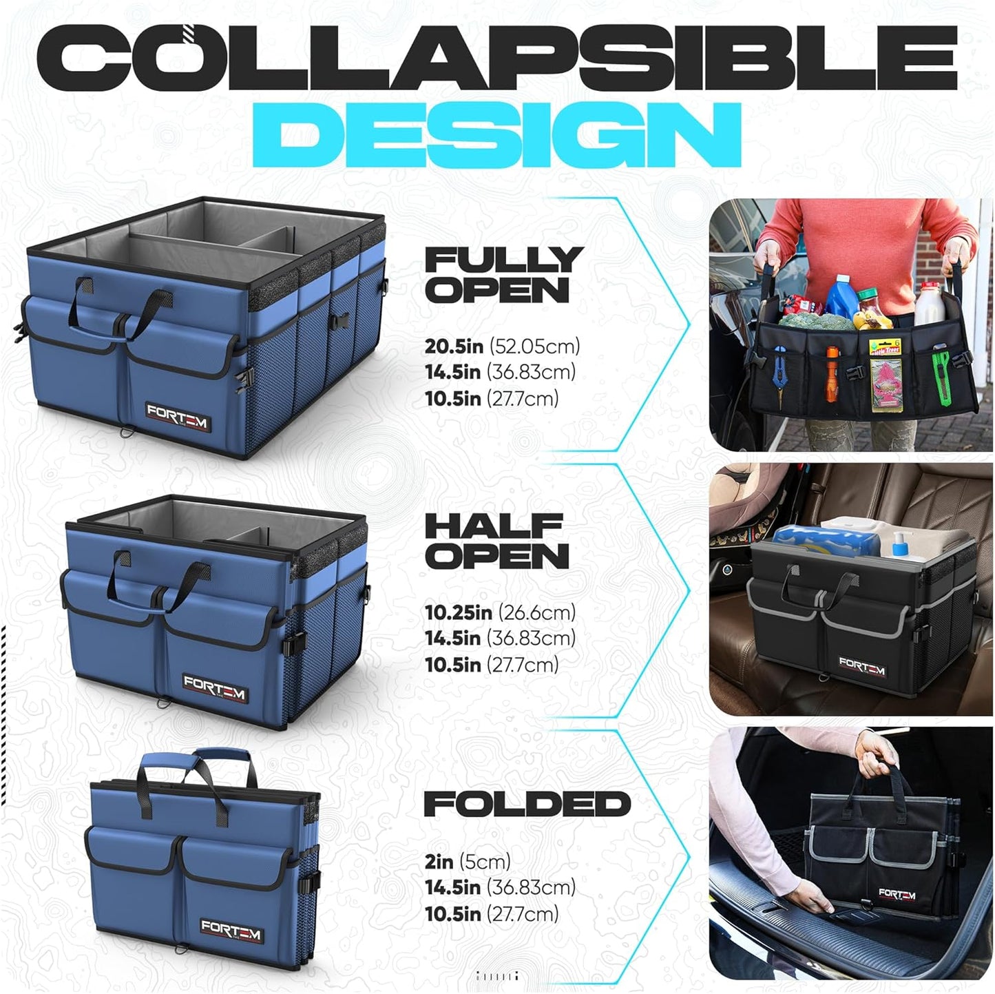 FORTEM Car Trunk Organizer, Collapsible Multi Compartment Car Organizer, Foldable SUV Storage for Car Accessories for Women Men, Non Slip Bottom, Securing Straps, Soft Cover 50L (Black, Standard)
