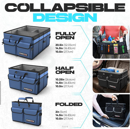 FORTEM Car Trunk Organizer, Collapsible Multi Compartment Car Organizer, Foldable SUV Storage for Car Accessories for Women Men, Non Slip Bottom, Securing Straps, Soft Cover 50L (Black, Standard)