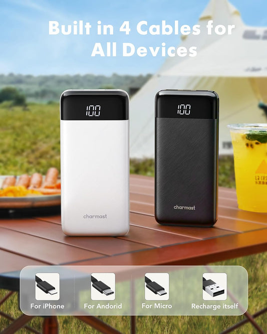 Charmast 2 Pack of Portable Chargers with Built in Cables, 2PCS Slim 10000mAh Travel Essentials Battery Pack 6 Outputs 3A Power Banks for iPhone Samsung Pixel LG Moto iPad (Black + White)