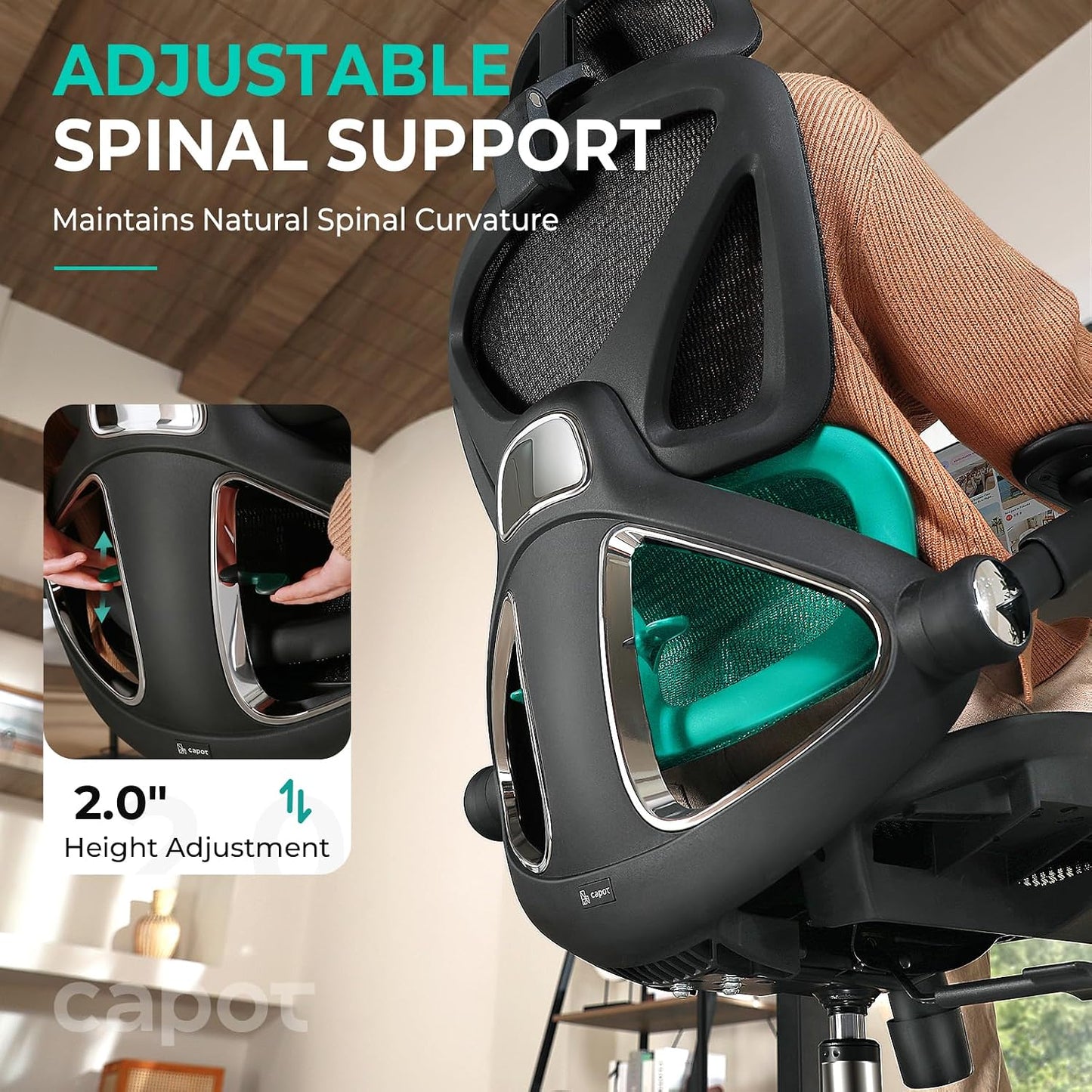 Capot Ergonomic Mesh Office Chair, Adjustable Lumbar High Back Desk Chair 400lbs, 4D Flip-up Arms, 3-Level Tilt Backrest, 3D Headrest, PU Wheels, Swivel Rolling Computer Seating for Long Desk Work