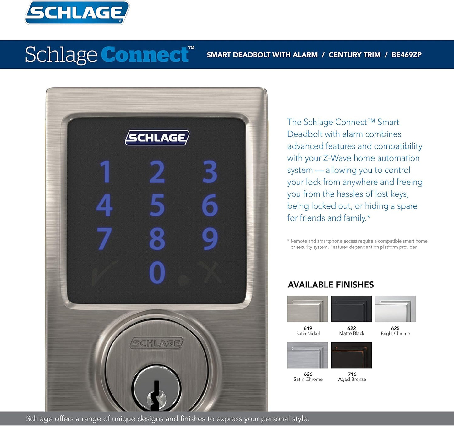 Schlage BE469ZP CAM 622 Connect Smart Deadbolt with Alarm with Camelot Trim in Matte Black, Z-Wave Plus Enabled