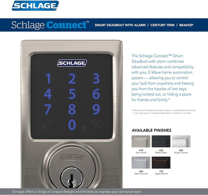 Schlage BE469ZP CAM 622 Connect Smart Deadbolt with Alarm with Camelot Trim in Matte Black, Z-Wave Plus Enabled