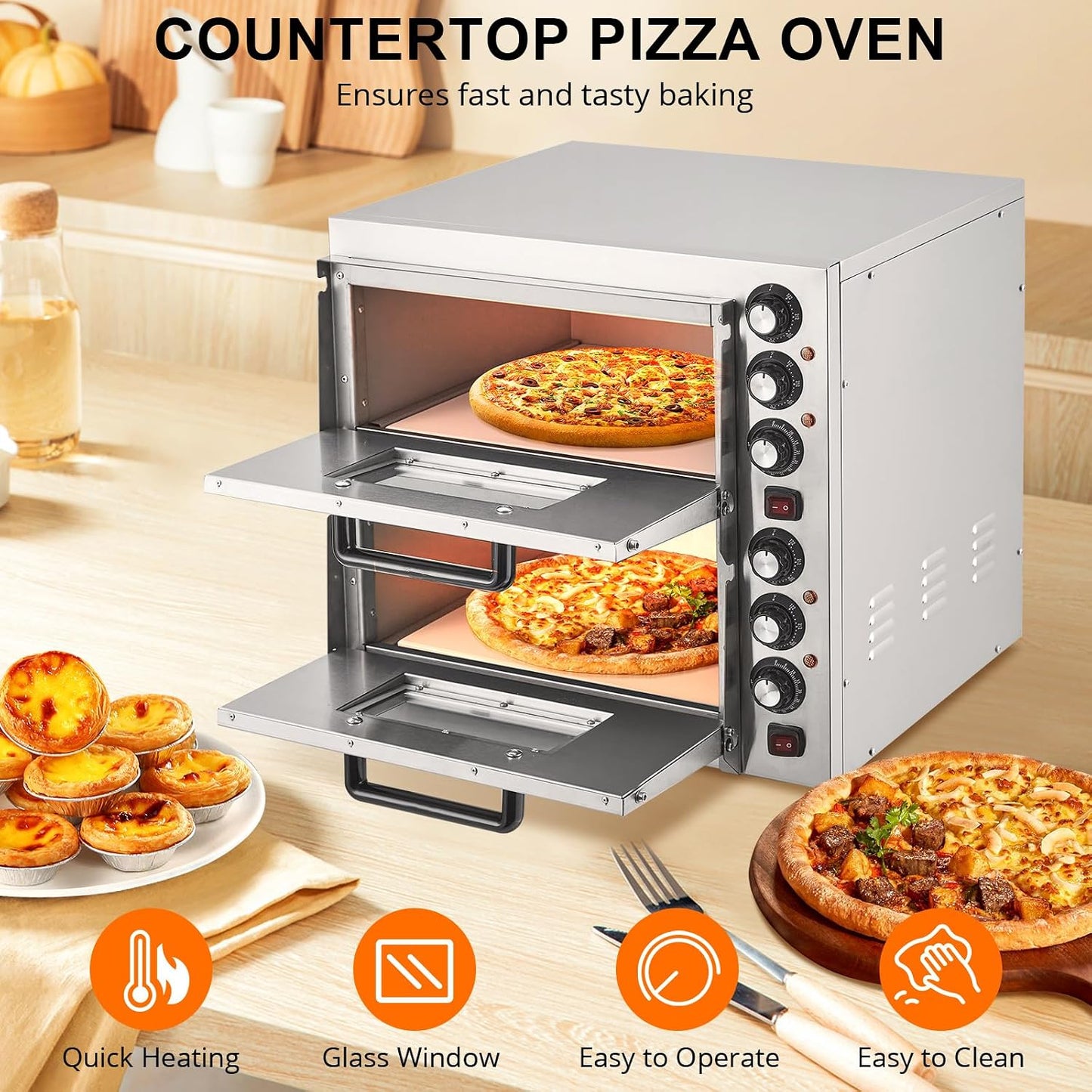 Commercial Pizza Oven Countertop, 3600W Stainless Steel Electric Pizza Oven, Indoor Pizza Maker with Timer/Pizza Stones, Double Deck Layer Pizza Cooker for Restaurant Home, Silver