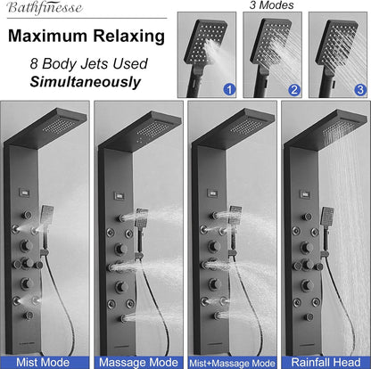 Bathfinesse Shower Tower Bathroom Shower Panel System Rain Massage System 6 in 1 Body Spray Jets Shower Wall Panels Rainfall Waterfall Shower Head Tub Spout with Temperature Display,Matte Black