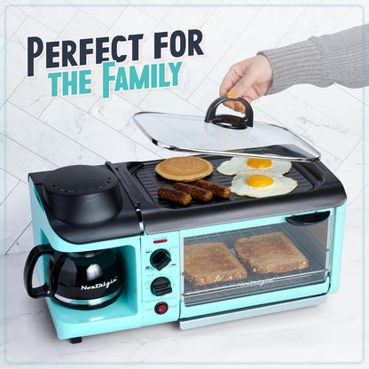 Nostalgia Retro 3-in-1 Family Size Electric Breakfast Station, Non Stick Die Cast Grill/Griddle, 4 Slice Toaster Oven, Coffee Maker, Aqua