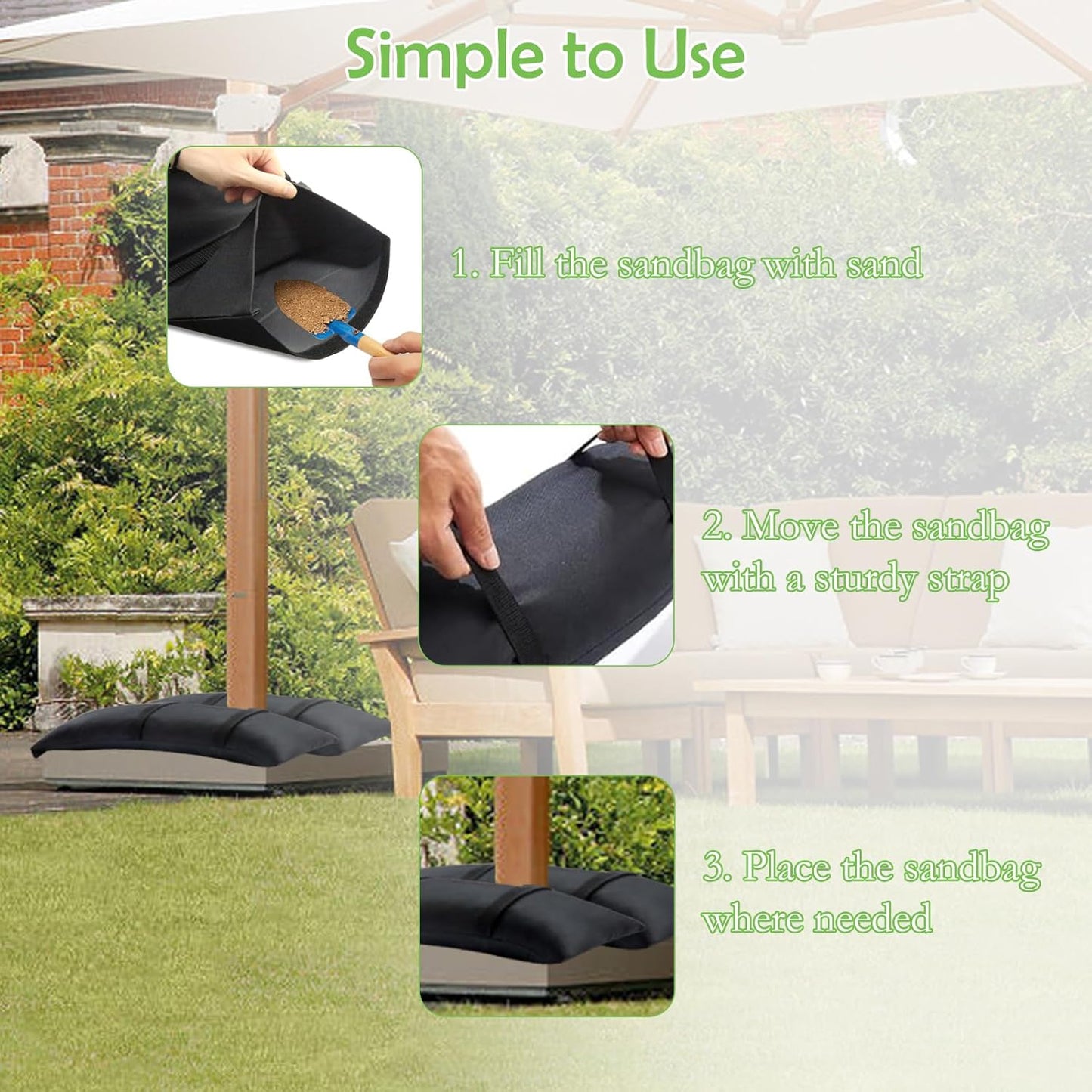 2Pcs Umbrella Base Weight Sand Bags 2 x 44 LBS Fillable Empty SandBags, Outdoor Poolside Accessories Heavy-Duty for Garden Backyard Furniture Trampoline Patio Black