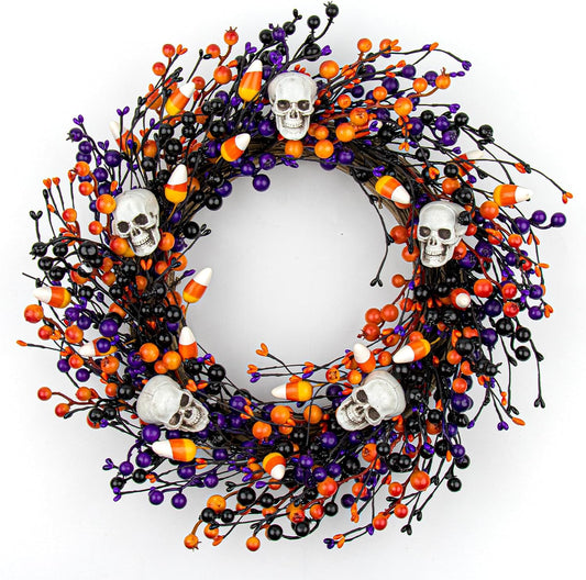 MagicWreath Halloween Wreaths for Front Door 20 Inch Halloween Wreath Artificial Skull Wreath with 3 Colors Berries and for Gothic Decorations