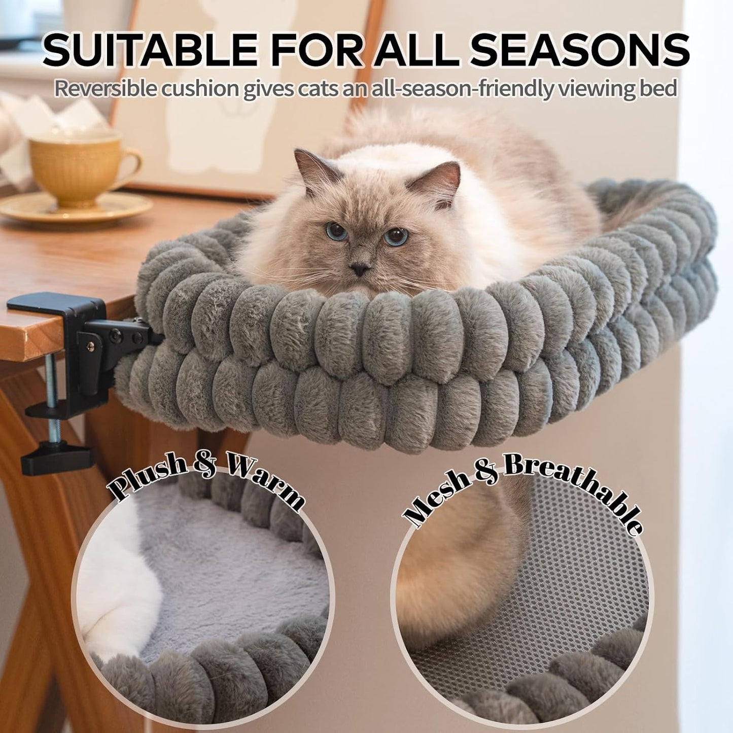 CHEERPALS Cat Desk Bed with Reversible Cushion, 90°Foldable Cat Hammock for Desk Mounted, Suitable for Medium-to-Large Cats and Puppy, Clowd Series(Grey, Medium)