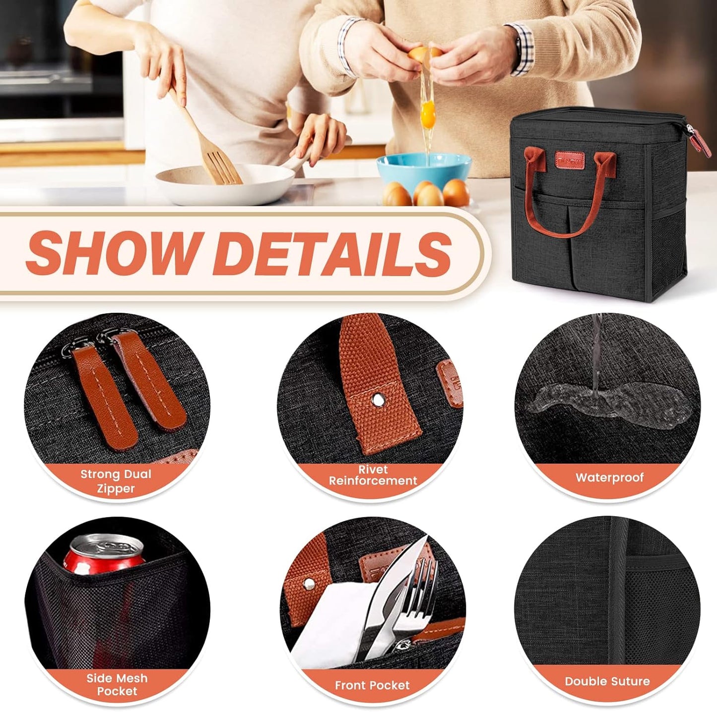 Lunch Bag for Women & Men, Insulated Lunch Box Cooler Tote Bags, Adult Reusable Lunch Boxes with Water Resistant for Work, Travel and Picnic (Grey)