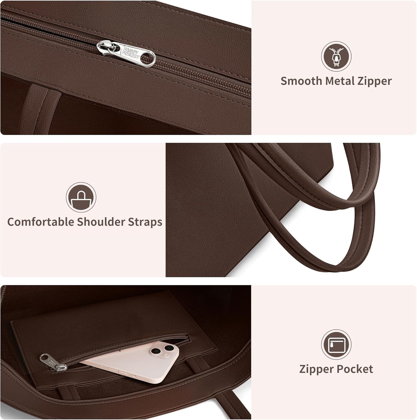 KALIDI Tote Bag Zipper Shoulder Bag Faux Leather Purses for Women Large Casual Handbag Work Dating College