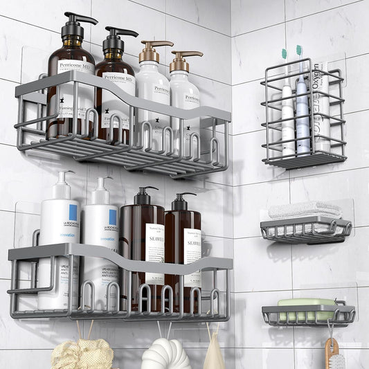 EUDELE 5-Pack Rustproof Stainless Steel Shower Caddy – No Drill Adhesive Bathroom Organizer with Large Capacity, Spacious Shower Shelves for Inside Shower, Kitchen & Home Decor Storage