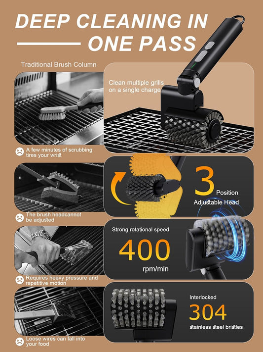 Electric Grill Brush, 3-Speed Power Control Grill Brush for Outdoor Grill, Rechargeable BBQ Grill Brush, Cordless Grill Cleaning Brush with 2 Brush Head & Scouring Pad, Gifts for Men/Dad