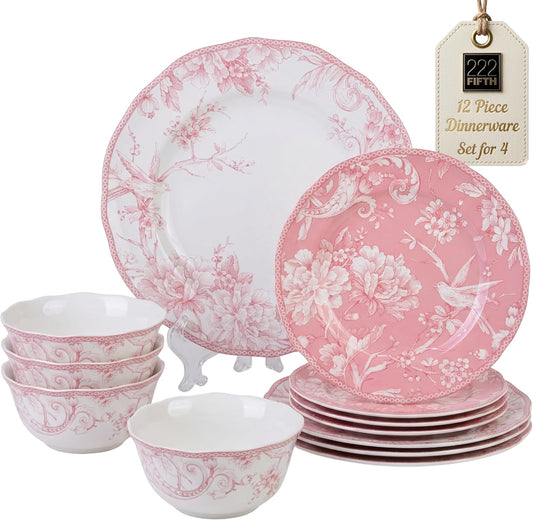 222 Fifth Adelaide Blush 12-Piece Pink Porcelain Dinnerware Set – Service for 4, Plate & Bowl Set, White with Pink Floral Pattern, for Daily Dining & Entertainment, Microwave & Dishwasher Safe
