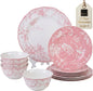 222 Fifth Adelaide Blush 12-Piece Pink Porcelain Dinnerware Set – Service for 4, Plate & Bowl Set, White with Pink Floral Pattern, for Daily Dining & Entertainment, Microwave & Dishwasher Safe