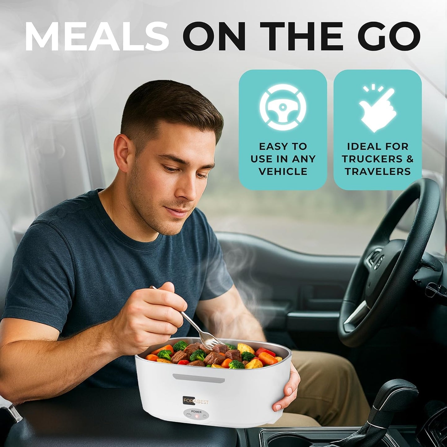 FORABEST Electric Lunch Box Food Heater 80W 1.5L Stainless Steel Heated Lunch Box for Men & Women, Universal 12/24/110/220V Self Heating Lunch Box for Car, Truck & Work, Portable Food Warmer lunch box