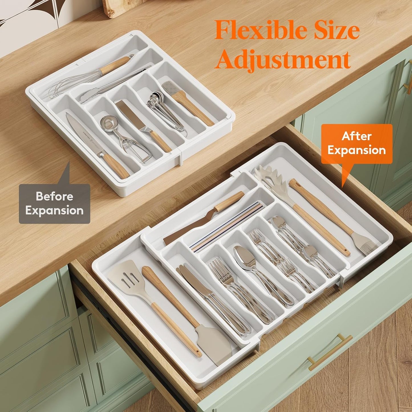 Lifewit Cutlery Organizer, Expandable Utensil Organizer for Kitchen, Utensil Holder, Adjustable Cutlery Rack Organizer for Spoons, Knives, Kitchen Organizers and Storage, Black