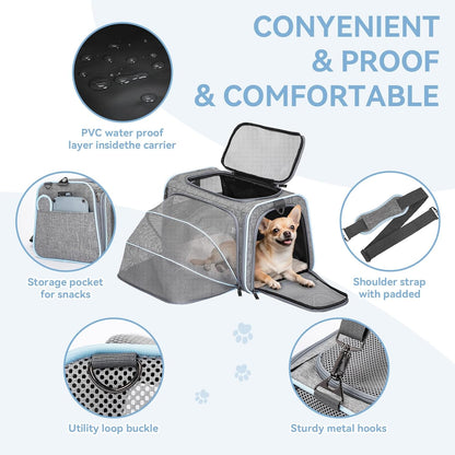 Petsfit Expandable Cat Dog Carrier Airline Approved, 17" L x 11" W x 11" H Soft-Sided Portable Pet Travel Carrier for Kitten, Puppy, Removable Soft Plush Mat and Pockets, Auto-Locking Zippers