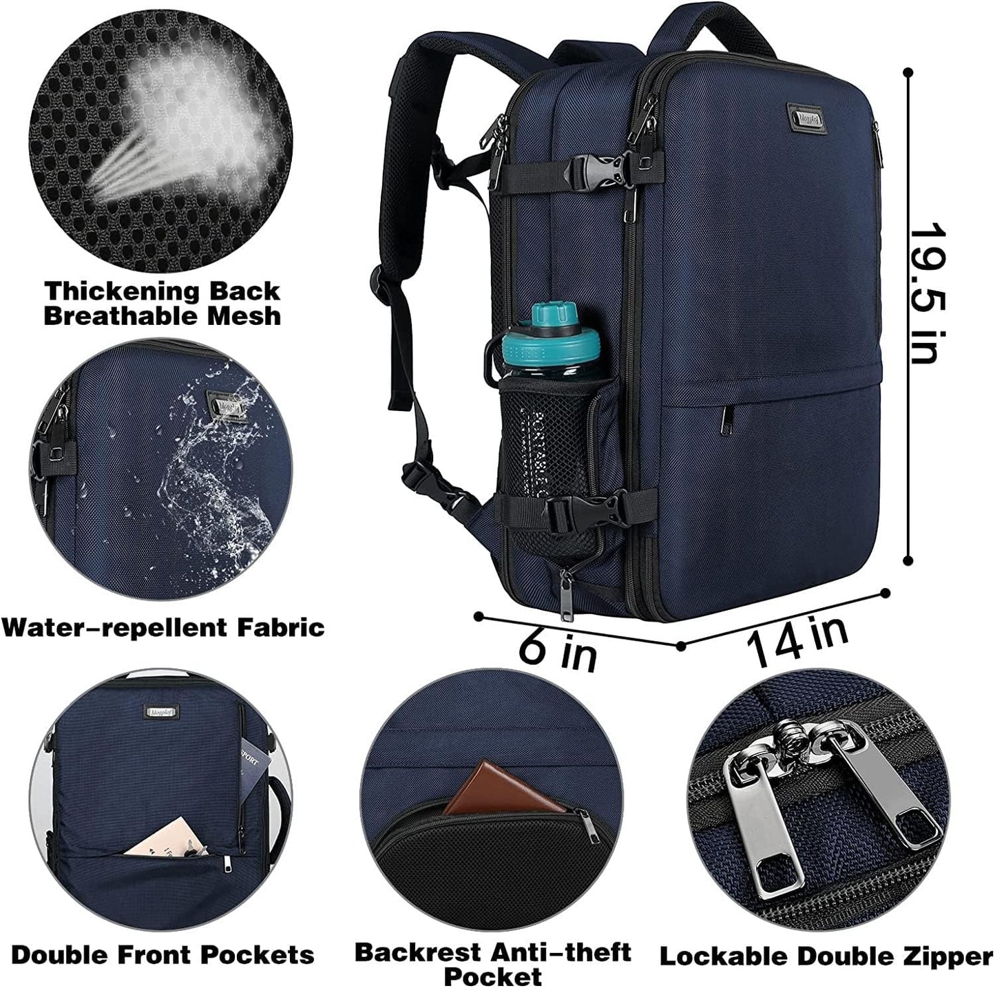 Mogplof Carry on Backpack, Airline Flight Approved Travel Backpack for Men, WOmen 40L Extra Large Expandable Water Resistant Backpack Lightweight Daypack Perfect Fit for 17 17.3 Inch Laptop, Black