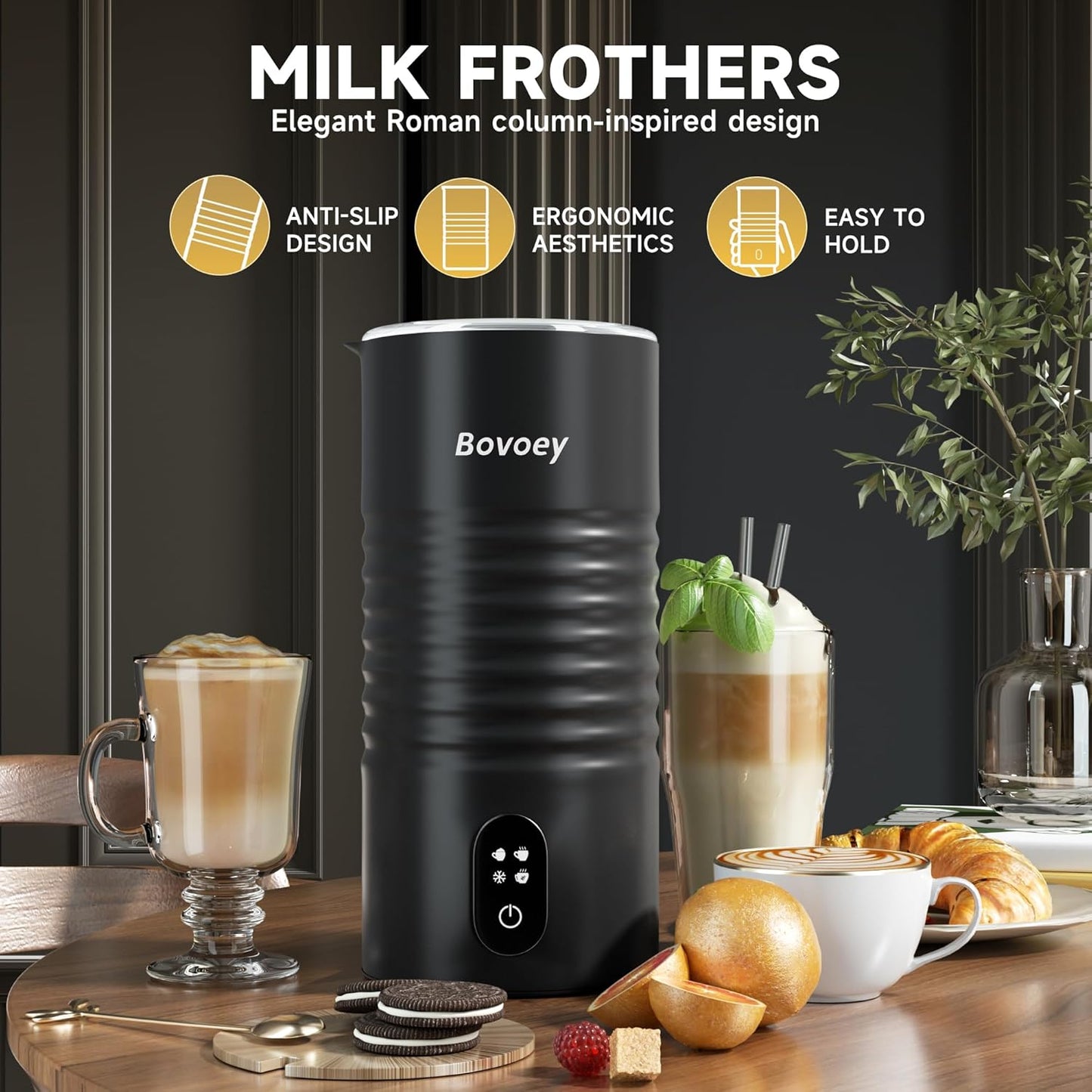 Electric Milk Frother Handheld Set,4 in 1 Automatic Milk Frother and Steamer,Cold Foam Maker Set for Hot Chocolate,Latte,Cappuccino and Macchiato,Electric Mixer Handheld Set for Coffee and Eggs Black