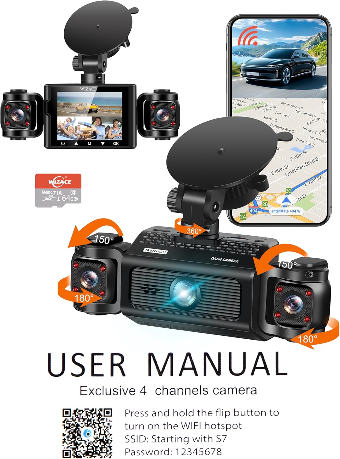 3 Channel Dash Cam WiFi FHD 2K Car Camera with 64GB Card, WIZACE 270° Front Dash Camera Front and Inside Left Right for Cars, Mini Dashcams with Night Vision,Loop Recording,WDR,G-Sensor, APP