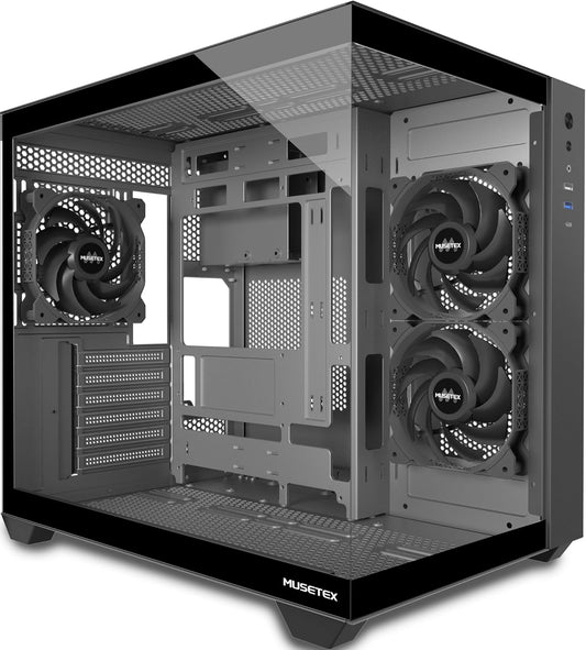 MUSETEX ATX PC Case, 360MM RAD Support, 3 x 120mm Fans Pre-Installed, 270° Full View Tempered Glass Gaming PC Case with Type-C, Mid Tower ATX Computer Case, Black, Y6