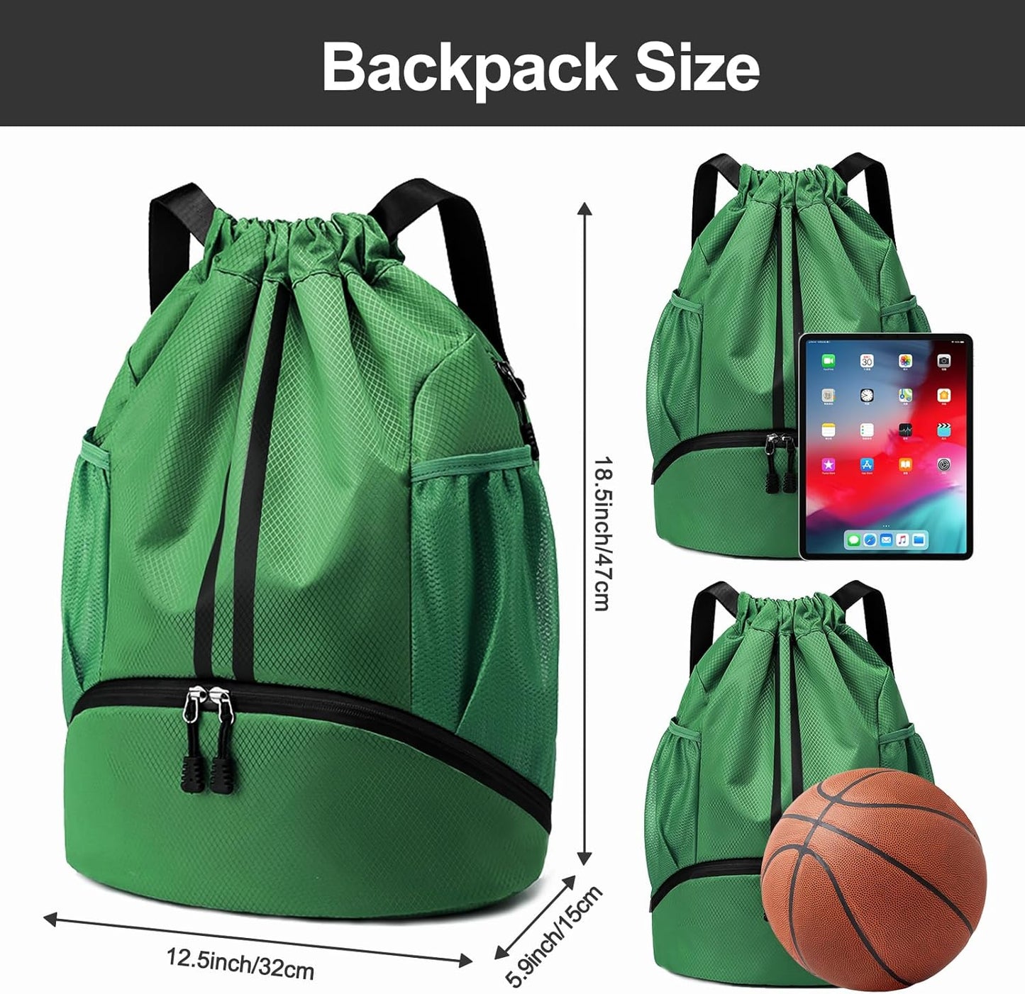 Hoedia Sports Drawstring Backpack - String Swim Gym Bag with Shoes Compartment and Wet Proof Pocket for Women/Men