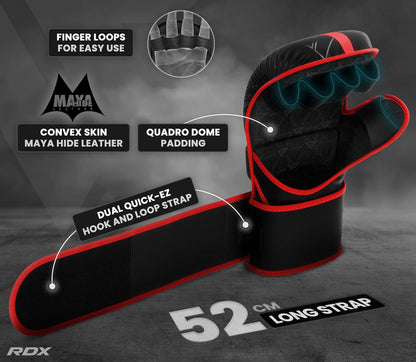 RDX MMA Gloves Sparring Grappling, Hybrid Open Palm Martial Arts Mitts Men Women, Maya Hide Leather Wrist Support, Cage Fighting Combat Sports, Muay Thai Training, Punching Bag and Kickboxing