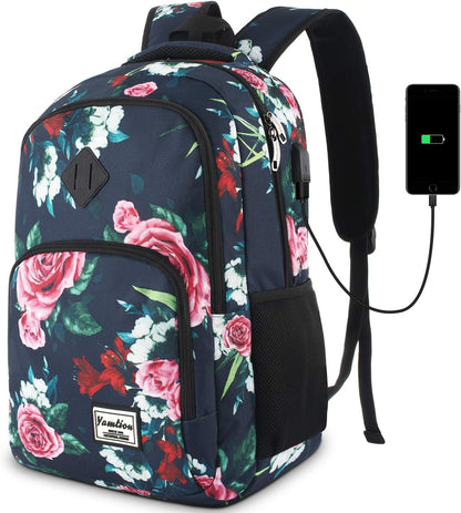 Backpack for Teen Girls,Boys School Backpack for Women with USB,College Backpack,Big Flower