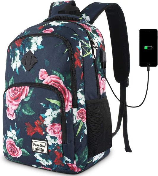 Backpack for Teen Girls,Boys School Backpack for Women with USB,College Backpack,Big Flower