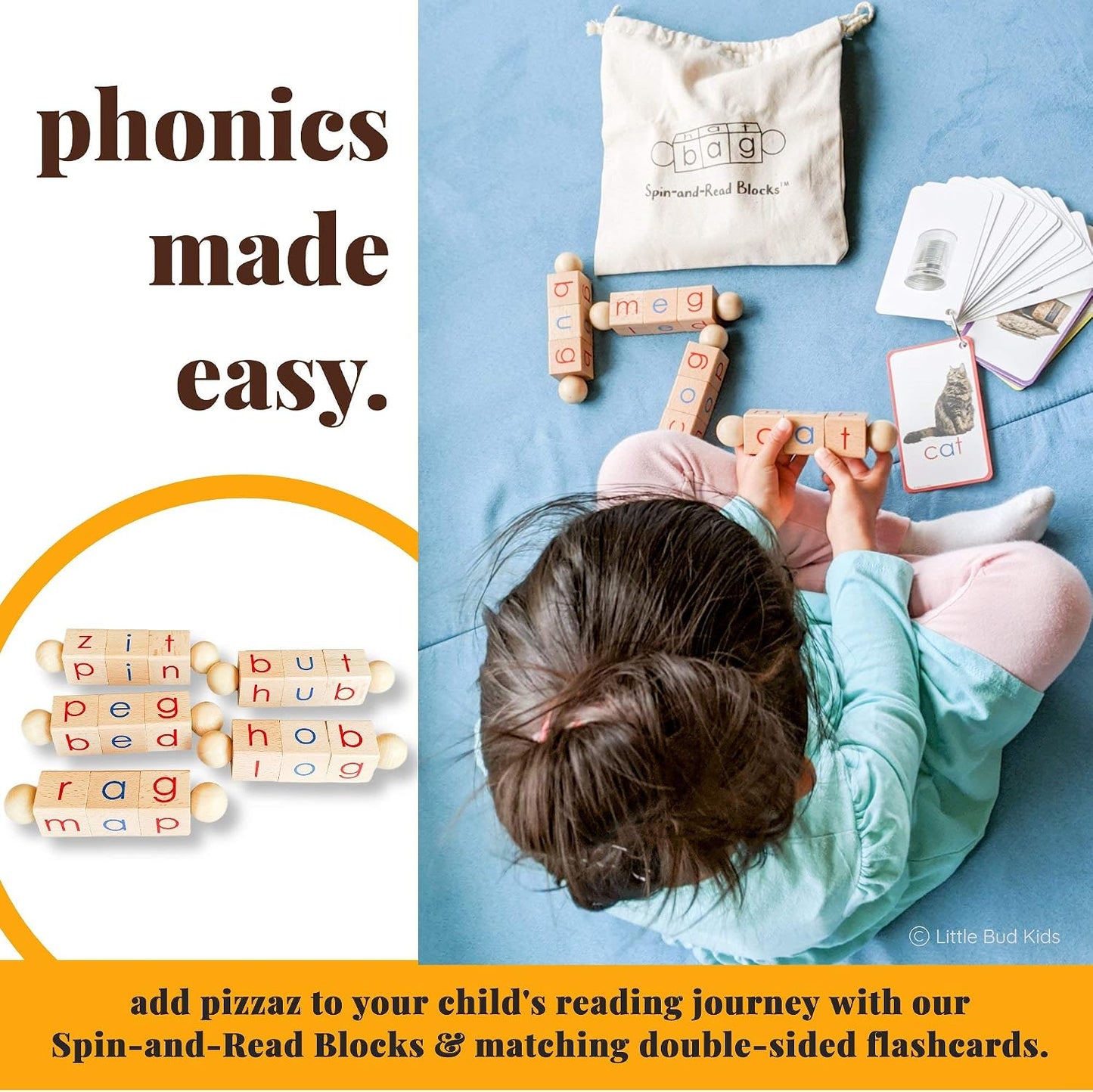Little Bud Kids Spin-and-Read Phonics Toy, Rotating Wooden Reading Blocks with CVC Flash Cards, A Montessori Reading Learning Resources Toy for 3-5 Years Old