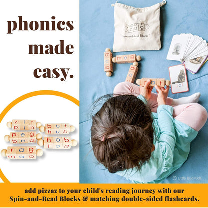 Little Bud Kids Spin-and-Read Phonics Toy, Rotating Wooden Reading Blocks with CVC Flash Cards, A Montessori Reading Learning Resources Toy for 3-5 Years Old