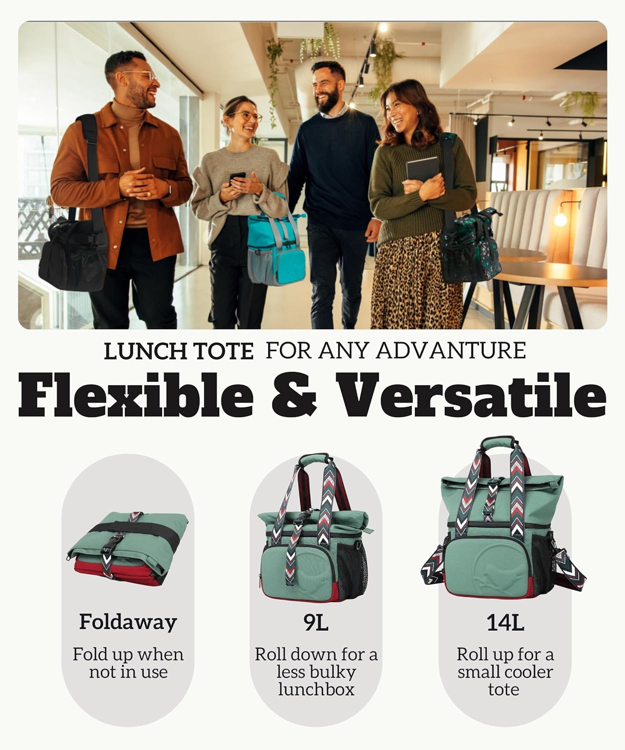 SUNNY BIRD Dual Compartment Lunch Bag Insulated Lunch Box for Women and Men (Green with Boho Strap)