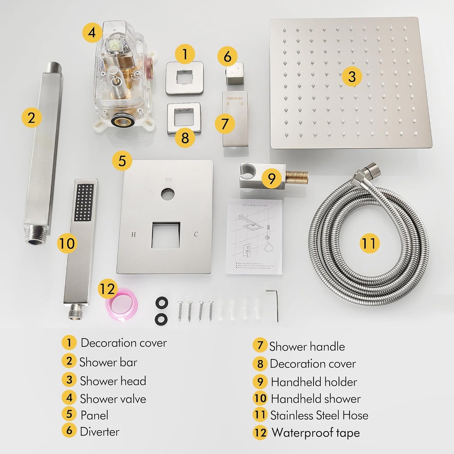 Fransiton Shower System Rain Shower System Set Ceiling Mounted, Rainfall Shower Head with Handheld, Bathroom Shower Kit (Valve Included) (8" - Wall Mount, Matte Black)