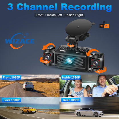 3 Channel Dash Cam WiFi FHD 2K Car Camera with 64GB Card, WIZACE 270° Front Dash Camera Front and Inside Left Right for Cars, Mini Dashcams with Night Vision,Loop Recording,WDR,G-Sensor, APP