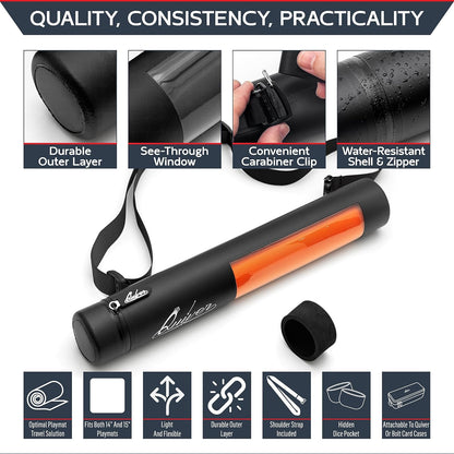 Black Orion Playmat Tube - TCG MTG Playmat Tube Case Bag with Waterproof Zipper, Hidden Dice Pocket, Adjustable and Removable Shoulder Strap, See-Through Window, Perfect for Both 14" and 15" playmats