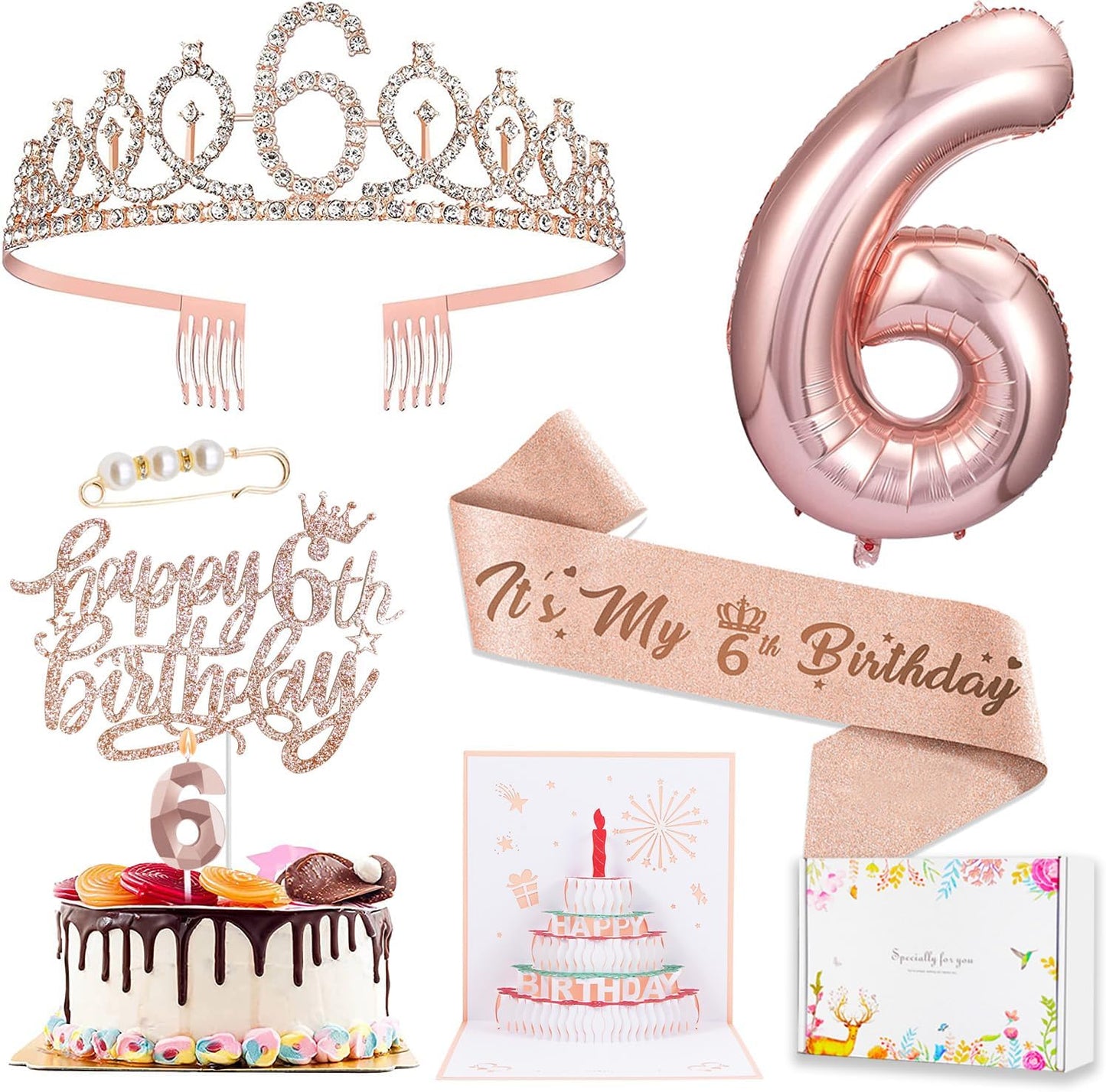 8pcs 40th Birthday Decorations gifts for Women, Including 40th Happy Birthday Cake Topper, Queen Sash with Pearl Pin, Sweet Rhinestone Tiara Crown for Women, Number Candles and Balloons (Rose Gold)