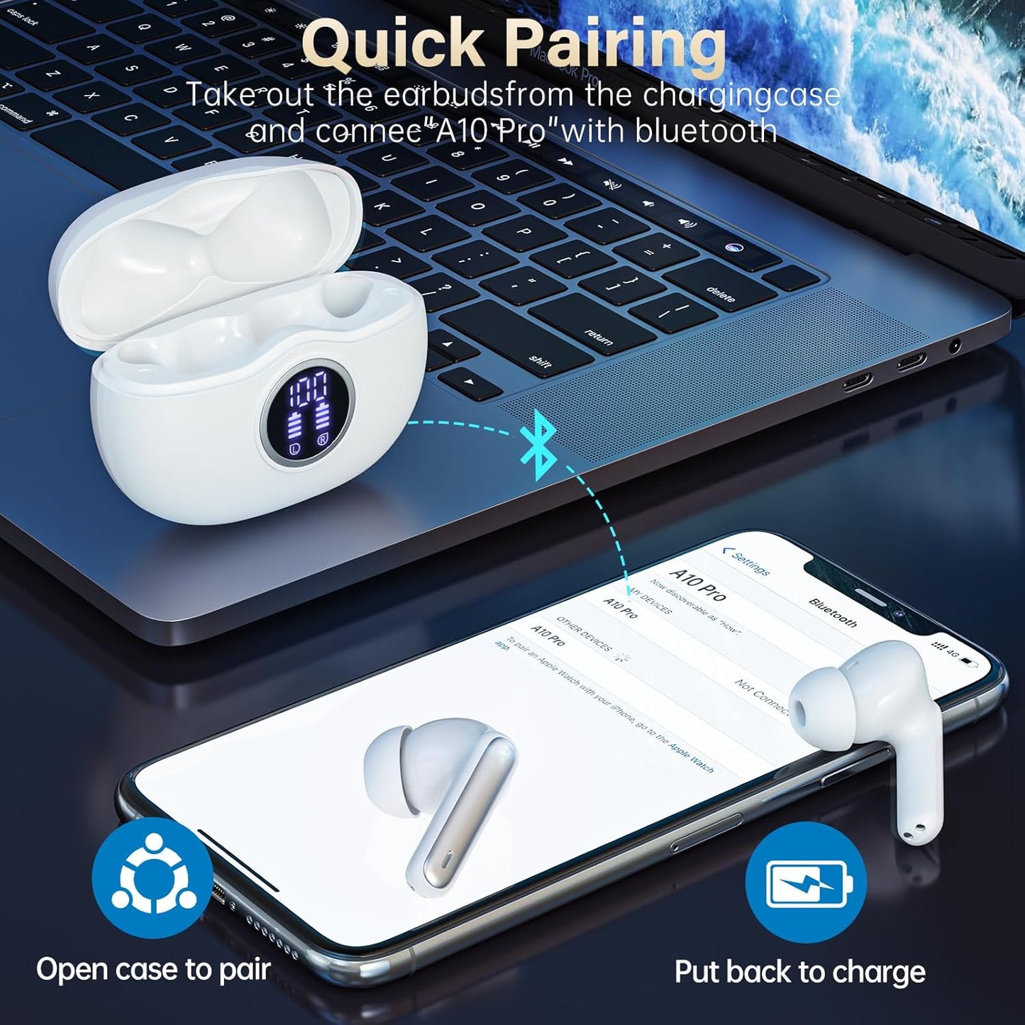 Sisism A10 Pro Wireless Earbuds, Bluetooth 5.3 Headphones HiFi Stereo 40H Playback LED Digital Display Ear Buds with ENC Noise Canceling Headset, IPX7 Waterproof Earphones for Gym/Running/Work Black