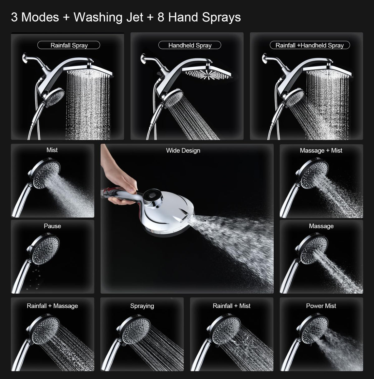 12" High Pressure Rain Shower Head with Handheld, 9 Sprays Hand Showerhead