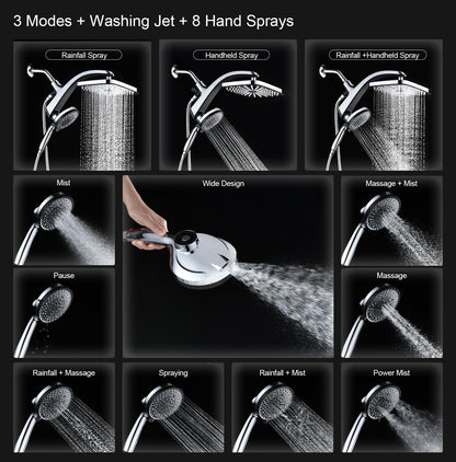 12" High Pressure Rain Shower Head with Handheld, 9 Sprays Hand Showerhead