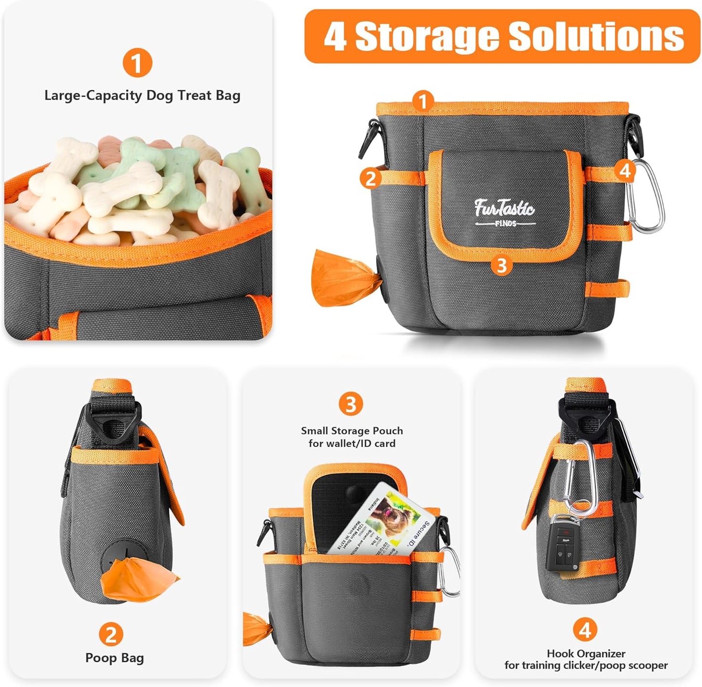 FurtasticFinds Dog Treat Pouch with Quick-Release Magnetic Closure, 3-Way Wear Treat Bags, 900D Waterproof Fabric, 4 Storage Spaces, Treat Pouch for Pet Training Walking (Grey)