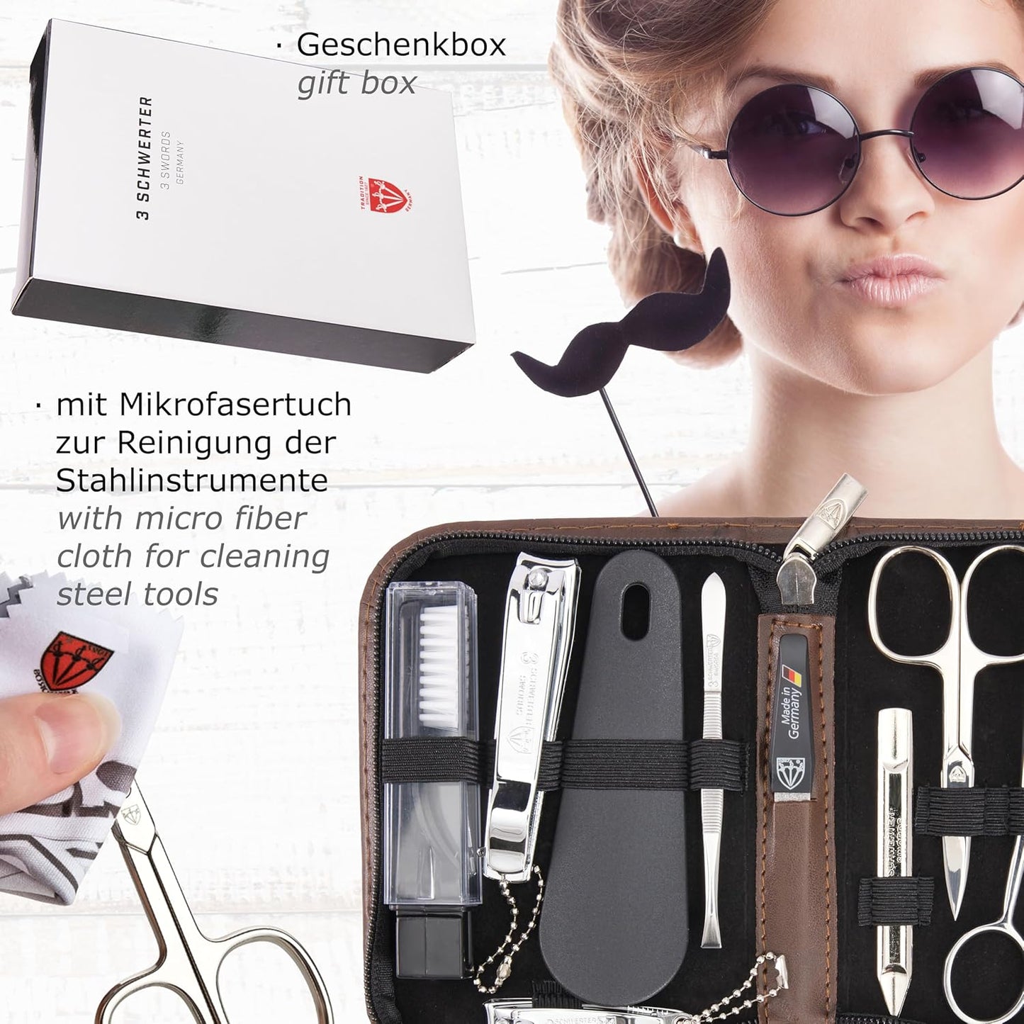 3 Swords Germany - brand quality 10 piece manicure pedicure grooming kit set for professional finger & toe nail care scissors clipper fashion leather case in gift box, Made by 3 Swords (003164)