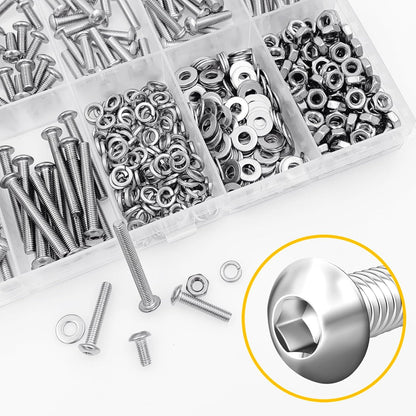 Mywish 900Pcs Metric Screw Assortment, M3 M4 M5 M6 Screw Assortment Kit 304 Stainless Steel Hex Socket Button Head Socket Cap Metric Screws Bolts & Flat Washers/Nuts/Hex Wrenches 16 Sizes 8MM to 20MM
