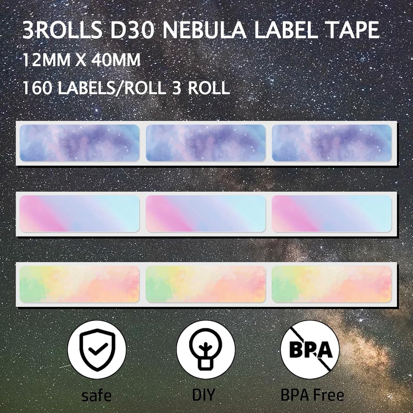 960 Pcs Nebula/Galaxy Series D30 Label Tape, Label Maker Tape-12mm×40mm(0.47"x1.57") Sticker Thermal Paper Self-Adhesive Label Tape for D30 Label Printer 6 Rolls