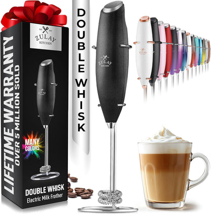 Zulay Kitchen Powerful Double Whisk Milk Frother Handheld - Foam Maker with Stand - Whisk Drink Mixer for Coffee, Mini Foamer for Latte, Matcha, Frappe, Hot Chocolate & Cappuccino (Black)