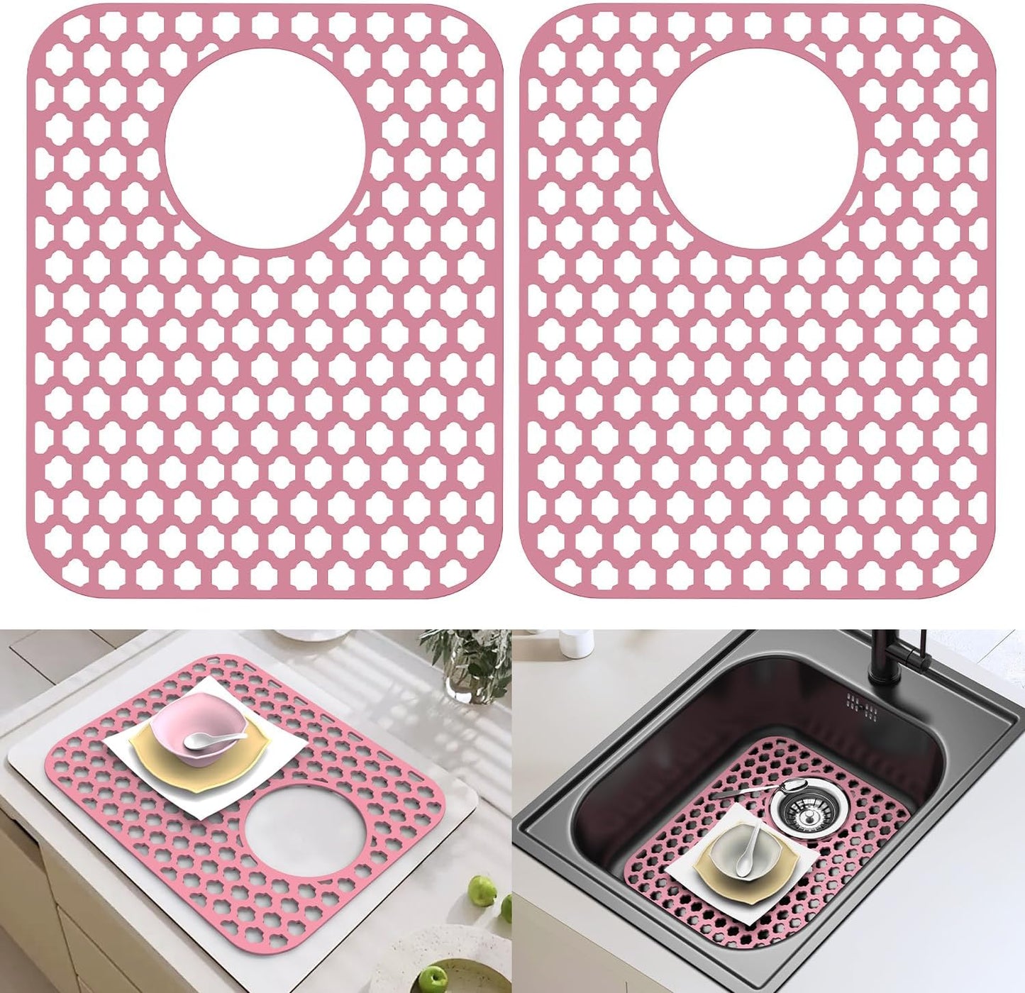 BEHOK 2 Pack Silicone Sink Protector for Kitchen Sink Bathroom Sink 13.58"x 11.6" Sink Mat, Non-Slip and Durable Silicone Sink Grid, Rear Drain (Gray)