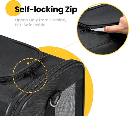 Conlun Cat Carrier Airline Approved, Soft-Sided Dog Carrier with Inner Safety Leash, Pet Transport Carrier for Small-Medium Cats Puppies up to 15 Lbs, Collapsible Travel Kitten Carrier Bag -Black M